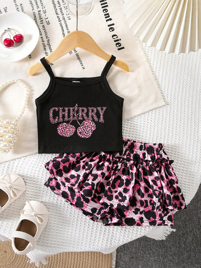 Black Pink Cute Baby Girl Clothes,Vintage Fuchsia Leopard Print Camisole And Tight Shorts Set,Summer Vacation Outfit With Bow,Minimalist 0 To 3 Months