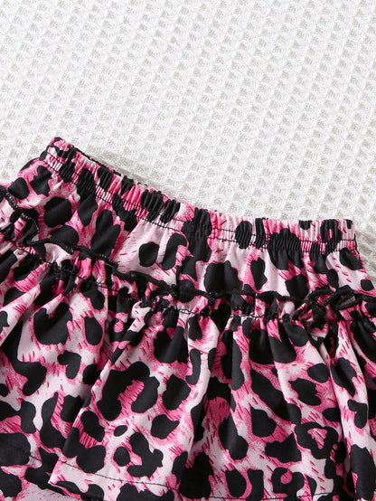 Black Pink Cute Baby Girl Clothes,Vintage Fuchsia Leopard Print Camisole And Tight Shorts Set,Summer Vacation Outfit With Bow,Minimalist 0 To 3 Months