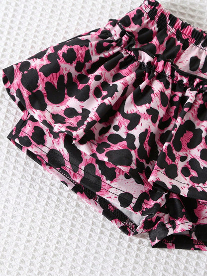 Black Pink Cute Baby Girl Clothes,Vintage Fuchsia Leopard Print Camisole And Tight Shorts Set,Summer Vacation Outfit With Bow,Minimalist 0 To 3 Months