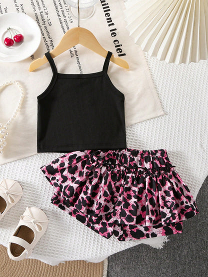 Black Pink Cute Baby Girl Clothes,Vintage Fuchsia Leopard Print Camisole And Tight Shorts Set,Summer Vacation Outfit With Bow,Minimalist 0 To 3 Months