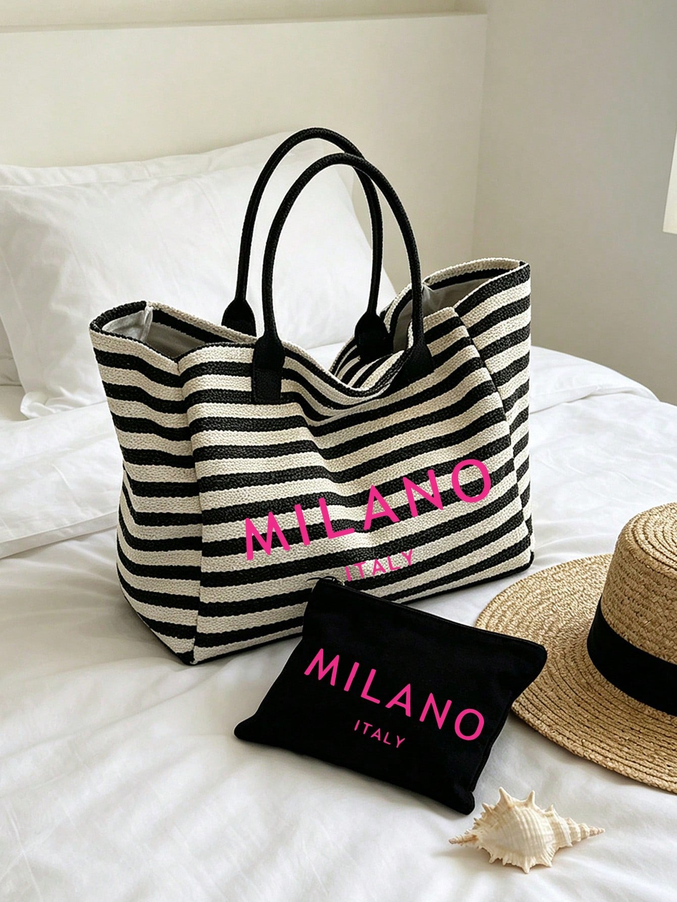 Black & White Striped MILANO (2D) Print Tote Bag, Large Capacity Shoulder Bag + Matching Zippered Coin Pouch, Lightweight & Breathable, Fits Books & Cosmetics, Suitable For Commuting, Campus, Beach Va