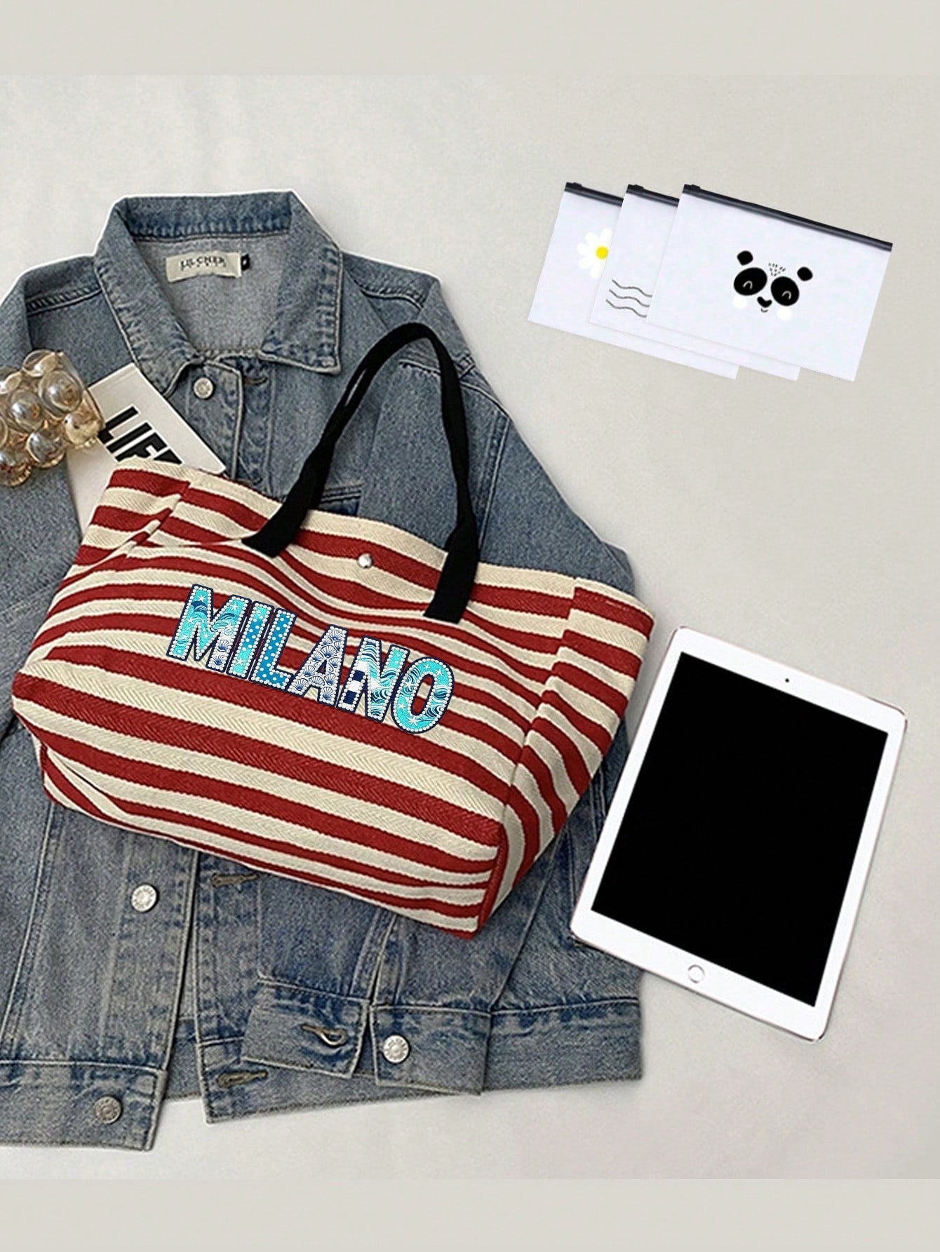 Black & White Striped MILANO (2D) Print Tote Bag, Large Capacity Shoulder Bag + Matching Zippered Coin Pouch, Lightweight & Breathable, Fits Books & Cosmetics, Suitable For Commuting, Campus, Beach Va