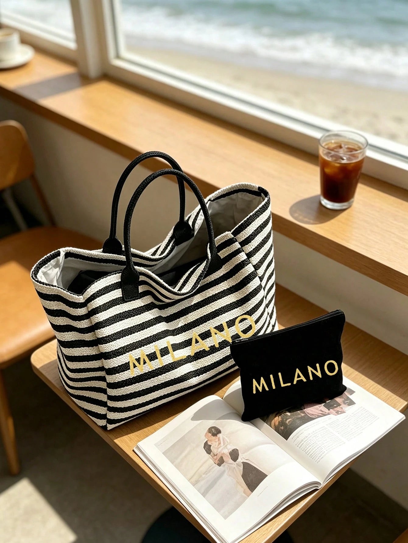 Black & White Striped MILANO (2D) Print Tote Bag, Large Capacity Shoulder Bag + Matching Zippered Coin Pouch, Lightweight & Breathable, Fits Books & Cosmetics, Suitable For Commuting, Campus, Beach Va