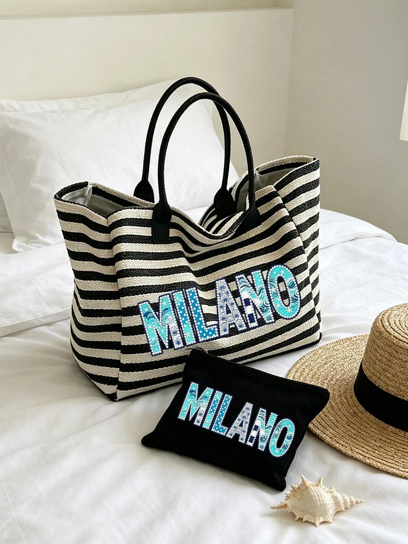 Black & White Striped MILANO (2D) Print Tote Bag, Large Capacity Shoulder Bag + Matching Zippered Coin Pouch, Lightweight & Breathable, Fits Books & Cosmetics, Suitable For Commuting, Campus, Beach Va