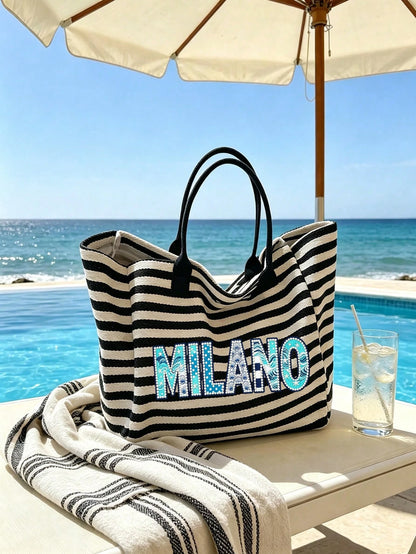 Black & White Striped MILANO (2D) Print Tote Bag, Large Capacity Shoulder Bag + Matching Zippered Coin Pouch, Lightweight & Breathable, Fits Books & Cosmetics, Suitable For Commuting, Campus, Beach Va