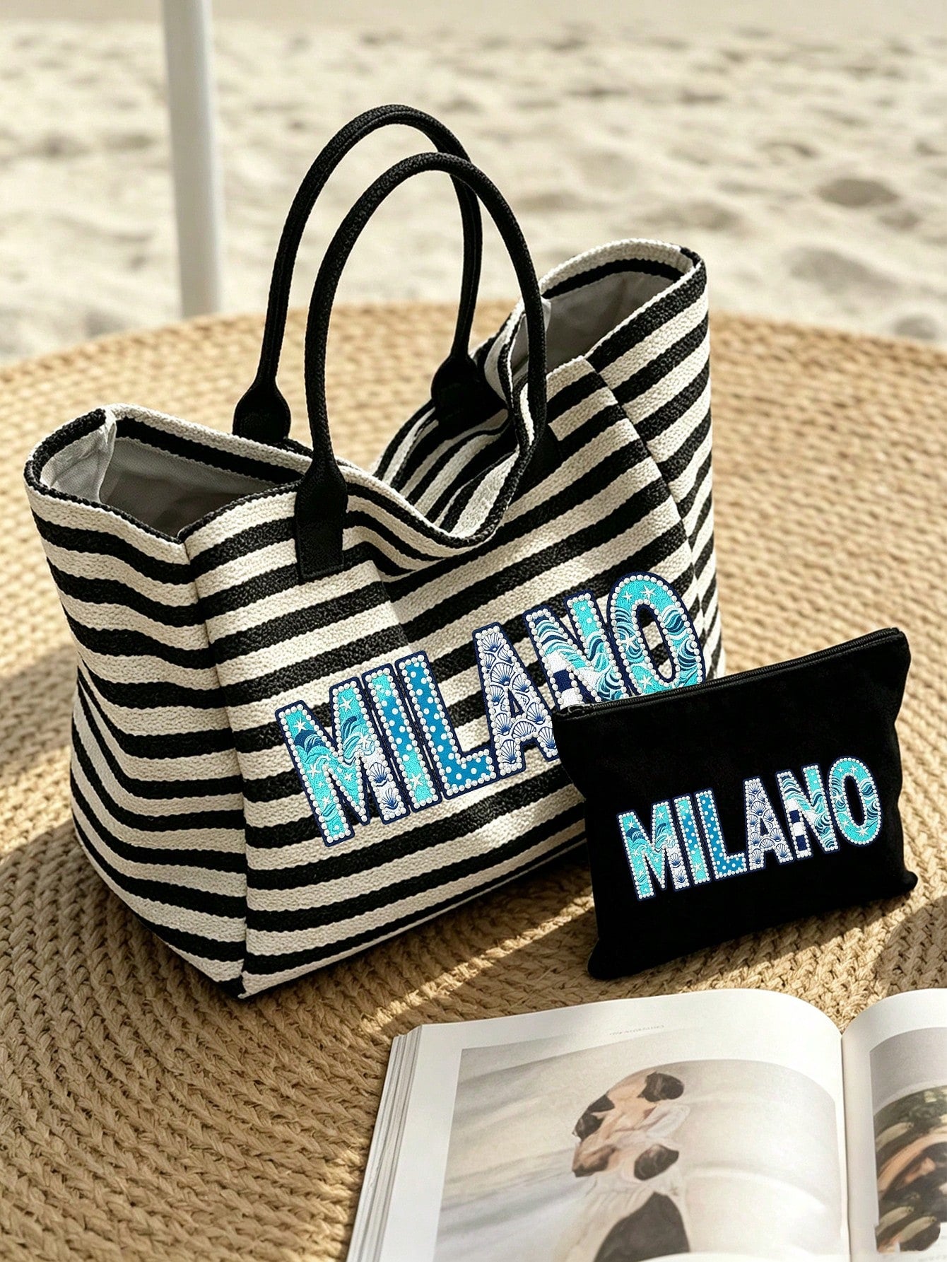 Black & White Striped MILANO (2D) Print Tote Bag, Large Capacity Shoulder Bag + Matching Zippered Coin Pouch, Lightweight & Breathable, Fits Books & Cosmetics, Suitable For Commuting, Campus, Beach Va
