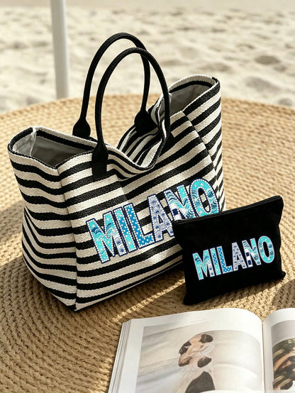 Black & White Striped MILANO (2D) Print Tote Bag, Large Capacity Shoulder Bag + Matching Zippered Coin Pouch, Lightweight & Breathable, Fits Books & Cosmetics, Suitable For Commuting, Campus, Beach Va