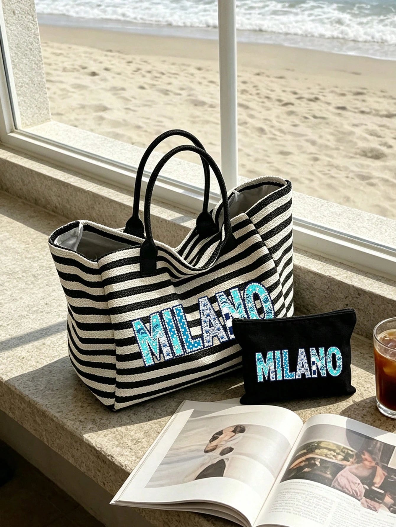 Black & White Striped MILANO (2D) Print Tote Bag, Large Capacity Shoulder Bag + Matching Zippered Coin Pouch, Lightweight & Breathable, Fits Books & Cosmetics, Suitable For Commuting, Campus, Beach Va