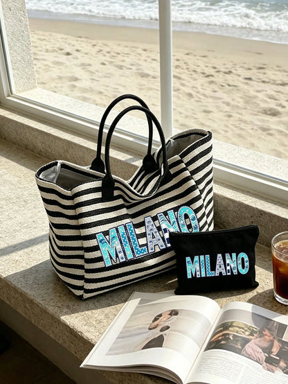 Black & White Striped MILANO (2D) Print Tote Bag, Large Capacity Shoulder Bag + Matching Zippered Coin Pouch, Lightweight & Breathable, Fits Books & Cosmetics, Suitable For Commuting, Campus, Beach Va