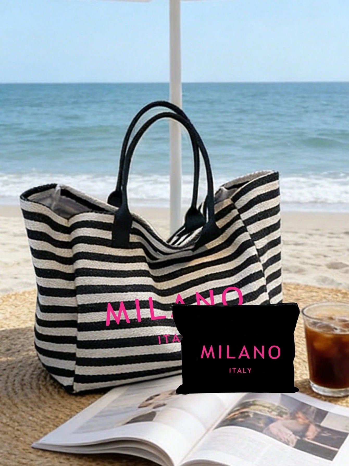 Black & White Striped MILANO (2D) Print Tote Bag, Large Capacity Shoulder Bag + Matching Zippered Coin Pouch, Lightweight & Breathable, Fits Books & Cosmetics, Suitable For Commuting, Campus, Beach Va