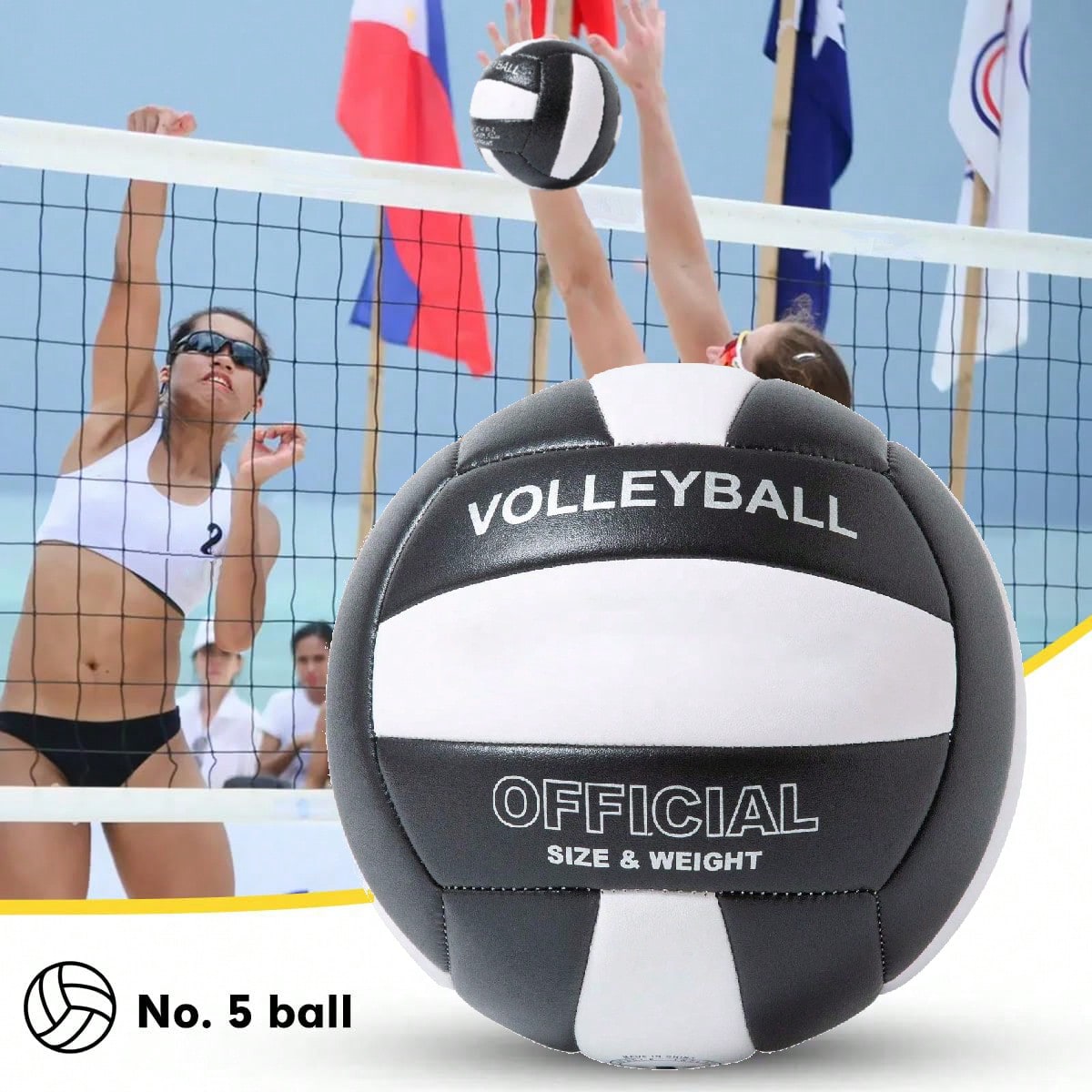 Black & White Volleyball Set- Includes Volleyball, Portable Net Bag, And Air Pump. All-In-One Solution, No Need For Additional Purchases. Portable & Compact Storage, Reinforced Net Bag, Lightweight A