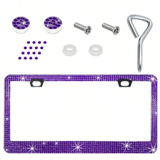 Bling License Plate Frame Lastingly Sparkly License Plate Holder With Diamond Crystal Caps Obstruction-Free Stainless Steel Glitter Car Tag Cover For Most Vehicles Purple
