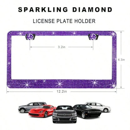 Bling License Plate Frame Lastingly Sparkly License Plate Holder With Diamond Crystal Caps Obstruction-Free Stainless Steel Glitter Car Tag Cover For Most Vehicles Purple
