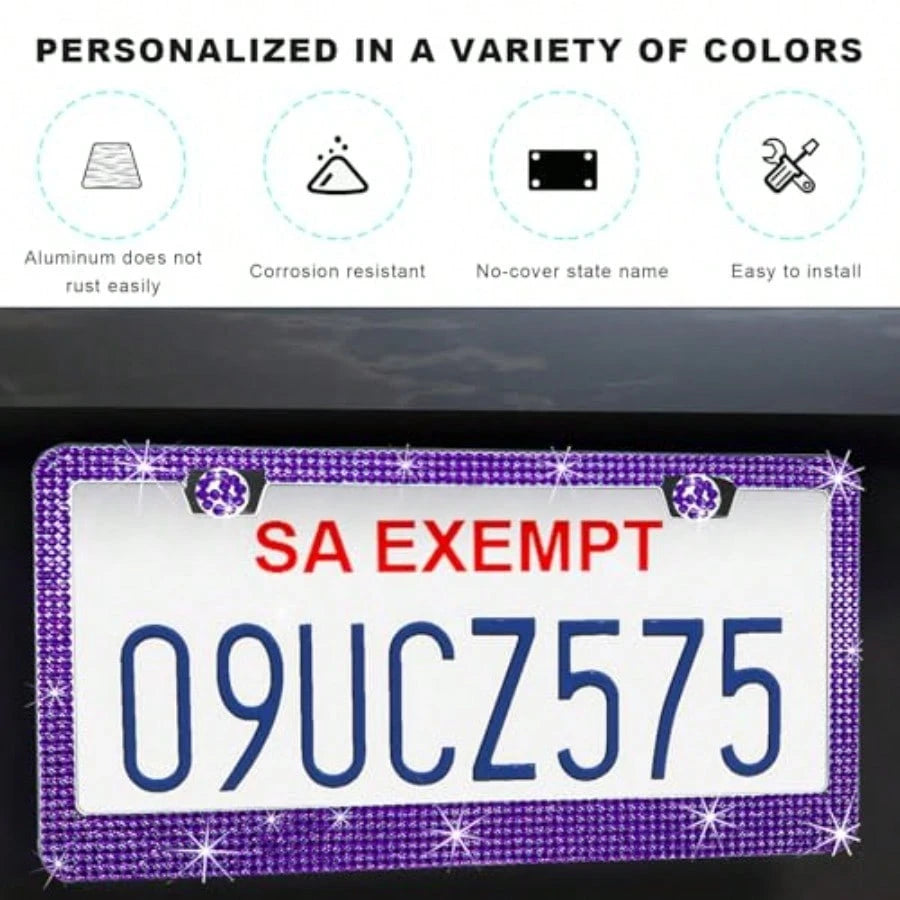 Bling License Plate Frame Lastingly Sparkly License Plate Holder With Diamond Crystal Caps Obstruction-Free Stainless Steel Glitter Car Tag Cover For Most Vehicles Purple