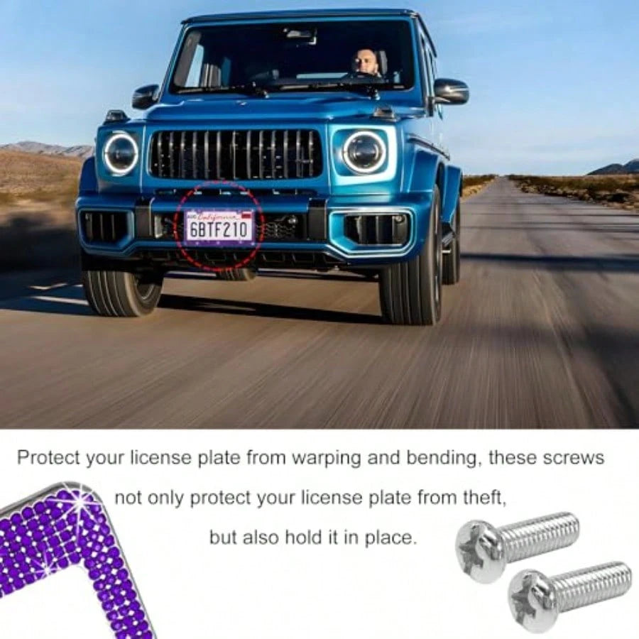 Bling License Plate Frame Lastingly Sparkly License Plate Holder With Diamond Crystal Caps Obstruction-Free Stainless Steel Glitter Car Tag Cover For Most Vehicles Purple