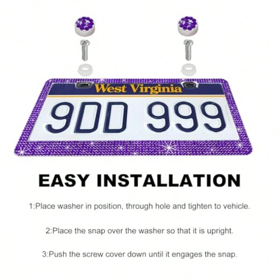 Bling License Plate Frame Lastingly Sparkly License Plate Holder With Diamond Crystal Caps Obstruction-Free Stainless Steel Glitter Car Tag Cover For Most Vehicles Purple