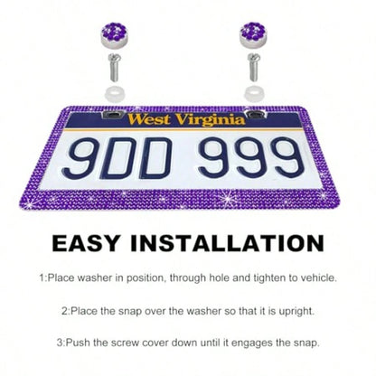 Bling License Plate Frame Lastingly Sparkly License Plate Holder With Diamond Crystal Caps Obstruction-Free Stainless Steel Glitter Car Tag Cover For Most Vehicles Purple