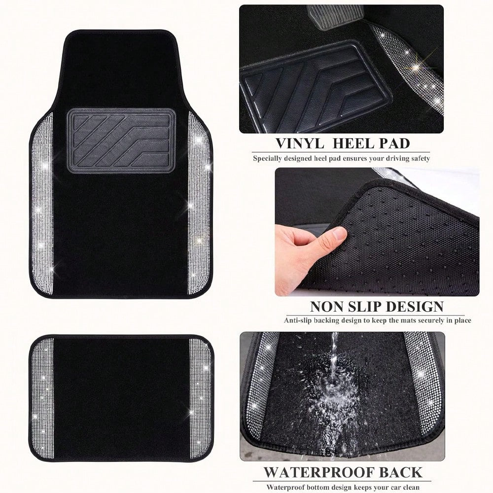 Bling Sparkle Artificial Diamond Car Floor Mats Full Set 4PCS, Anti-Slip Liner Universal Fit Most Vehicle SUV Truck Cute Car Carpets For Ladies(Note: This Product Is A Simulated Diamond Patch And Does