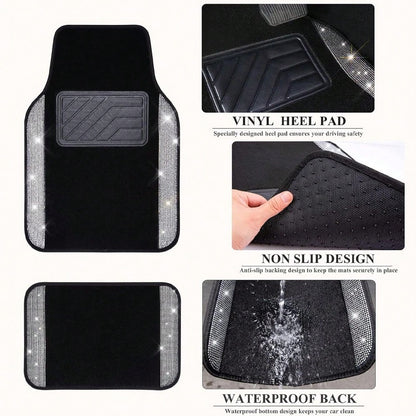 Bling Sparkle Artificial Diamond Car Floor Mats Full Set 4PCS, Anti-Slip Liner Universal Fit Most Vehicle SUV Truck Cute Car Carpets For Ladies(Note: This Product Is A Simulated Diamond Patch And Does