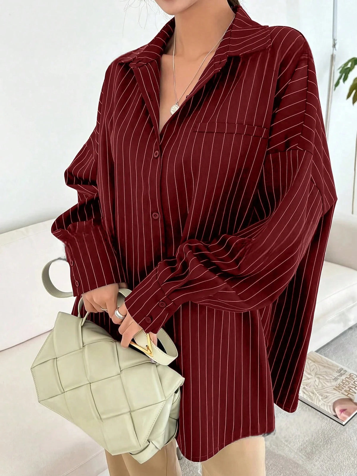 Blue And White Striped Front Button Pocket Long Sleeve Shirt For Autumn Red