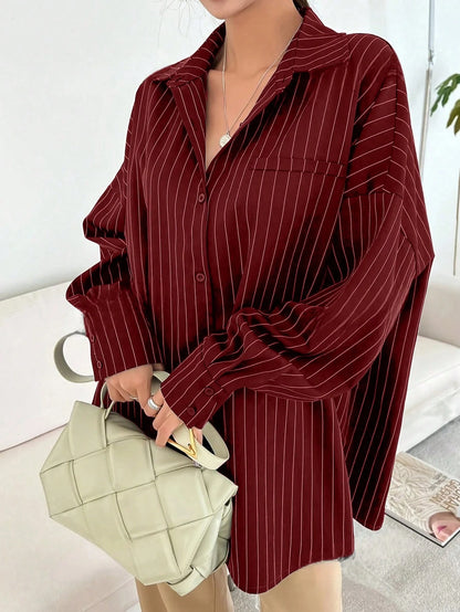 Blue And White Striped Front Button Pocket Long Sleeve Shirt For Autumn Red