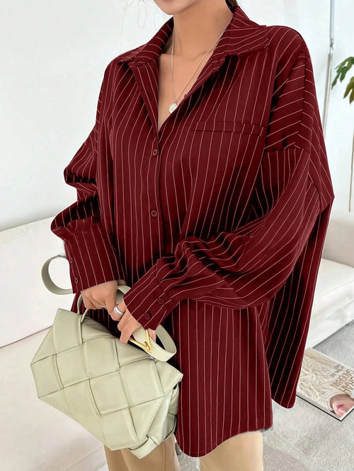 Blue And White Striped Front Button Pocket Long Sleeve Shirt For Autumn Red