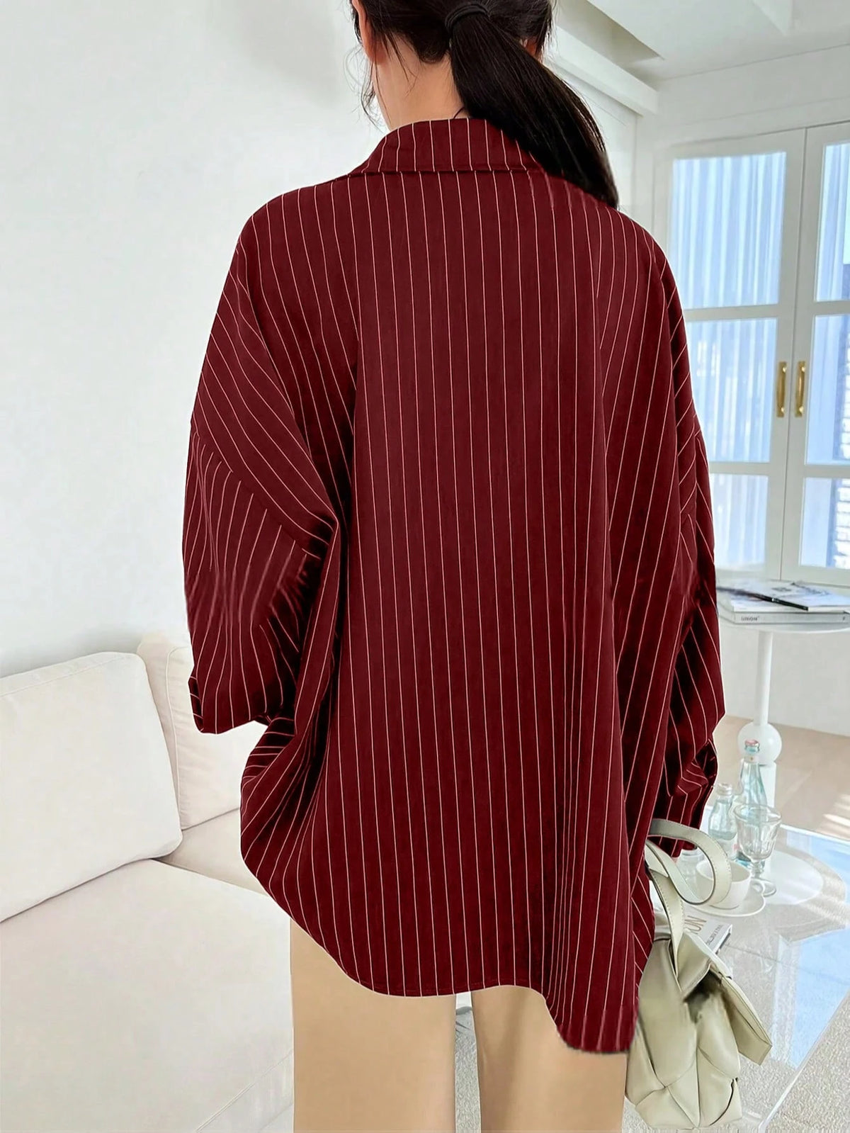 Blue And White Striped Front Button Pocket Long Sleeve Shirt For Autumn Red
