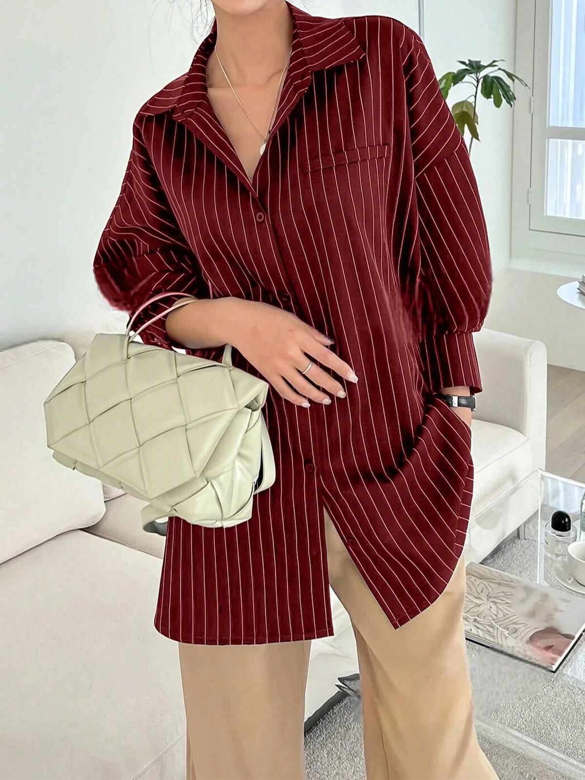 Blue And White Striped Front Button Pocket Long Sleeve Shirt For Autumn Red