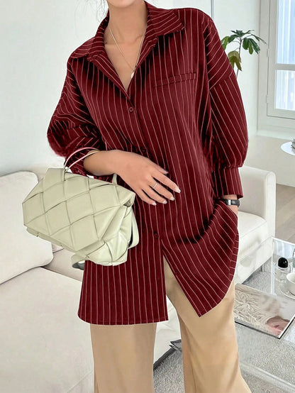 Blue And White Striped Front Button Pocket Long Sleeve Shirt For Autumn Red