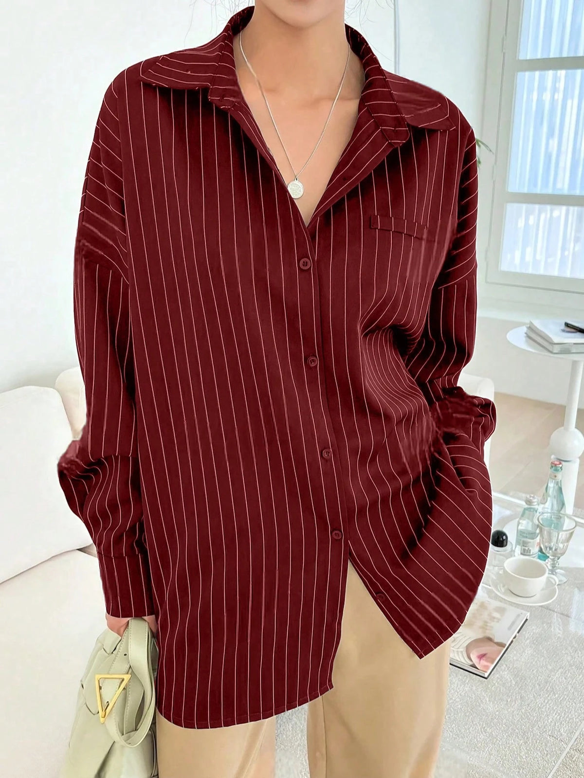 Blue And White Striped Front Button Pocket Long Sleeve Shirt For Autumn Red