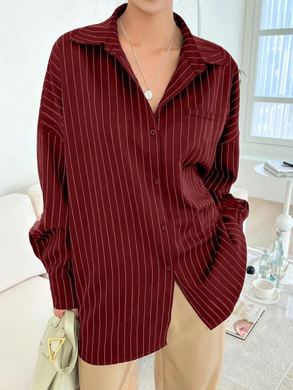 Blue And White Striped Front Button Pocket Long Sleeve Shirt For Autumn Red