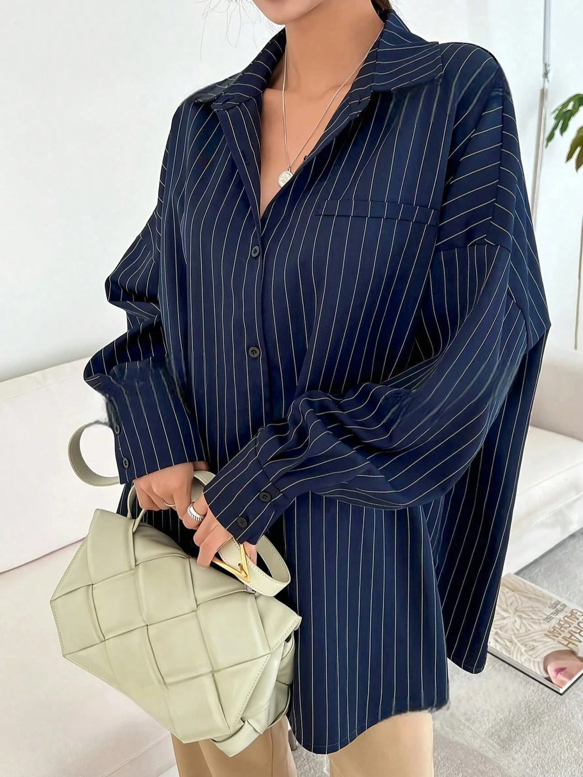 Blue And White Striped Front Button Pocket Long Sleeve Shirt For Autumn Red