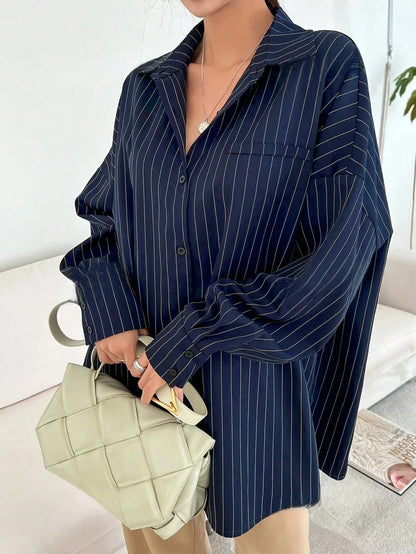 Blue And White Striped Front Button Pocket Long Sleeve Shirt For Autumn Red