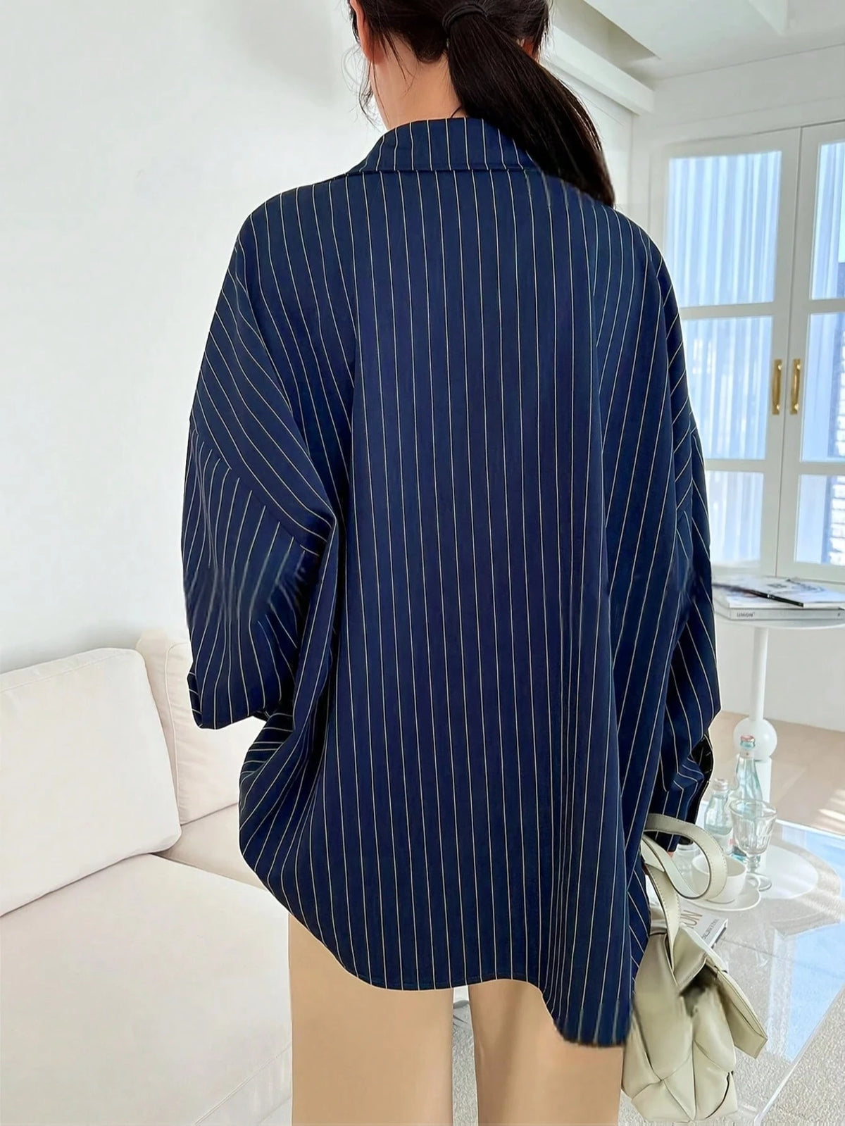 Blue And White Striped Front Button Pocket Long Sleeve Shirt For Autumn Red