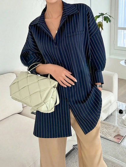Blue And White Striped Front Button Pocket Long Sleeve Shirt For Autumn Red