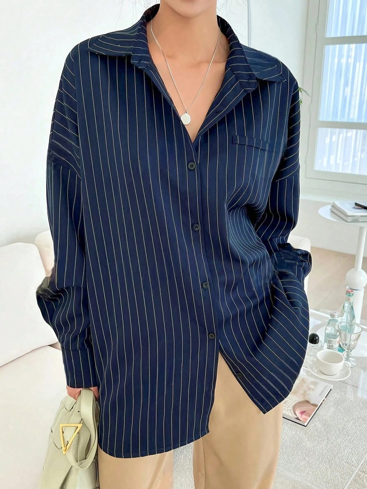 Blue And White Striped Front Button Pocket Long Sleeve Shirt For Autumn Red