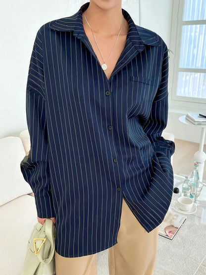 Blue And White Striped Front Button Pocket Long Sleeve Shirt For Autumn Red