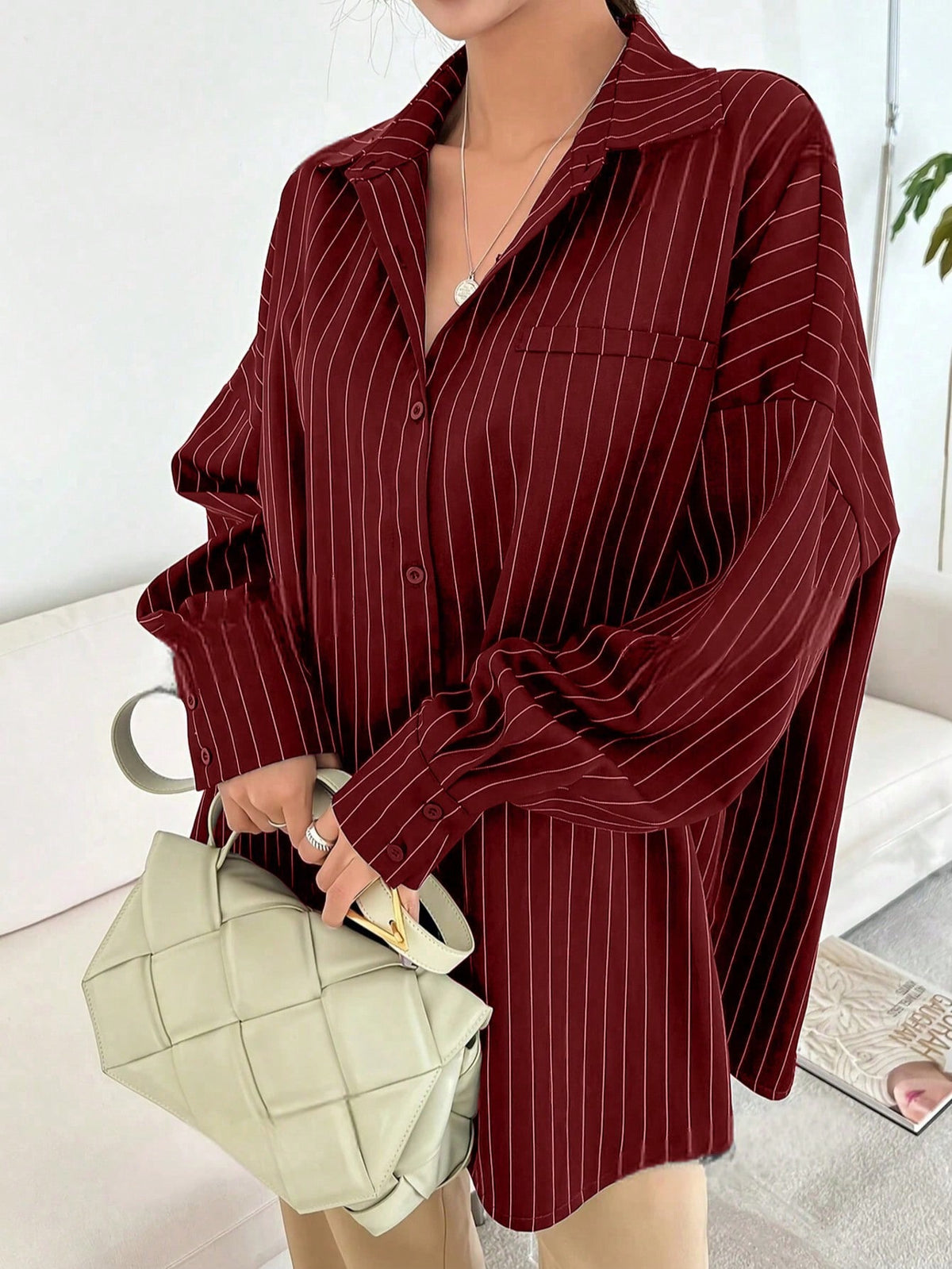 Blue And White Striped Front Button Pocket Long Sleeve Shirt For Autumn Red
