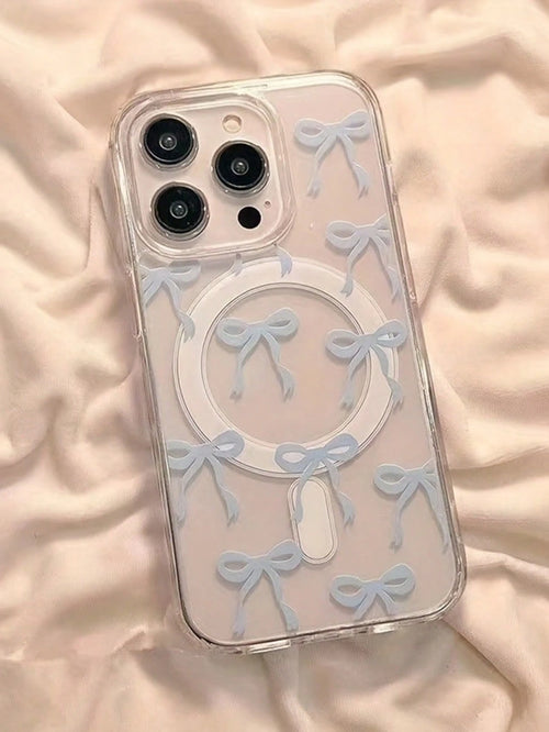 Blue Bowknot Element Fashion Patterns Transparent Magnetic Skin-Friendly Phone Case Compatible With Iphone 16 Pro Max/15/14/13/12/11 S25U S24U S23U A16 A15 A35 A36 Protective Cover Waterproof Shockpro