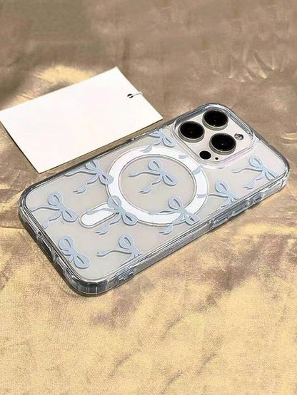Blue Bowknot Element Fashion Patterns Transparent Magnetic Skin-Friendly Phone Case Compatible With Iphone 16 Pro Max/15/14/13/12/11 S25U S24U S23U A16 A15 A35 A36 Protective Cover Waterproof Shockpro
