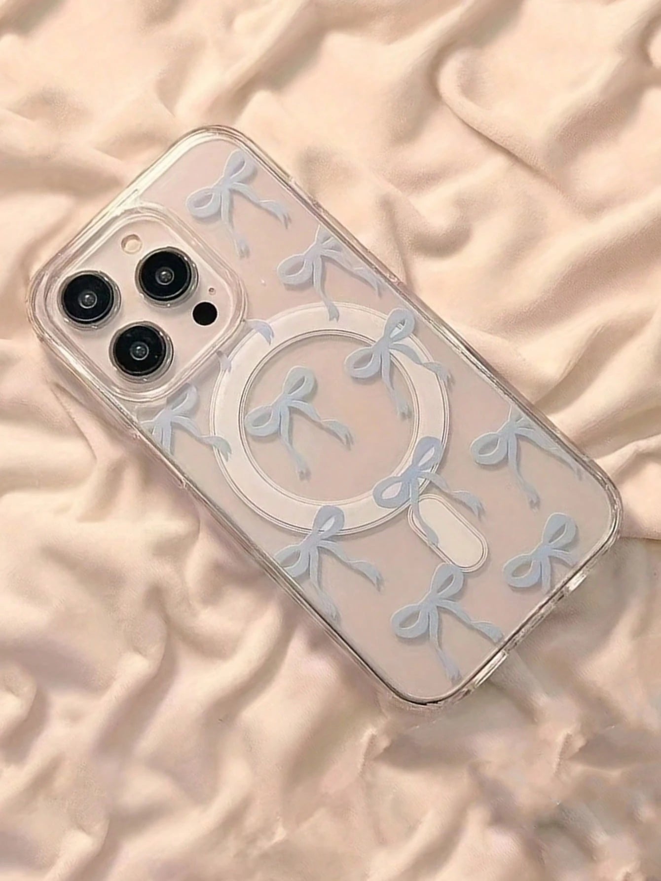 Blue Bowknot Element Fashion Patterns Transparent Magnetic Skin-Friendly Phone Case Compatible With Iphone 16 Pro Max/15/14/13/12/11 S25U S24U S23U A16 A15 A35 A36 Protective Cover Waterproof Shockpro