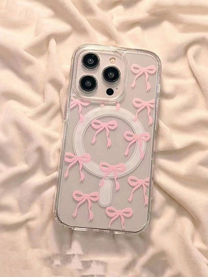 Blue Bowknot Element Fashion Patterns Transparent Magnetic Skin-Friendly Phone Case Compatible With Iphone 16 Pro Max/15/14/13/12/11 S25U S24U S23U A16 A15 A35 A36 Protective Cover Waterproof Shockpro