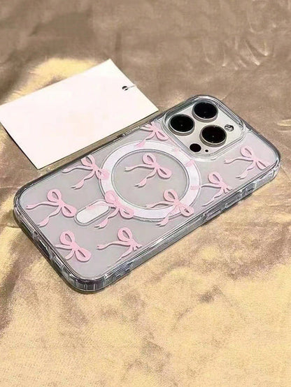 Blue Bowknot Element Fashion Patterns Transparent Magnetic Skin-Friendly Phone Case Compatible With Iphone 16 Pro Max/15/14/13/12/11 S25U S24U S23U A16 A15 A35 A36 Protective Cover Waterproof Shockpro