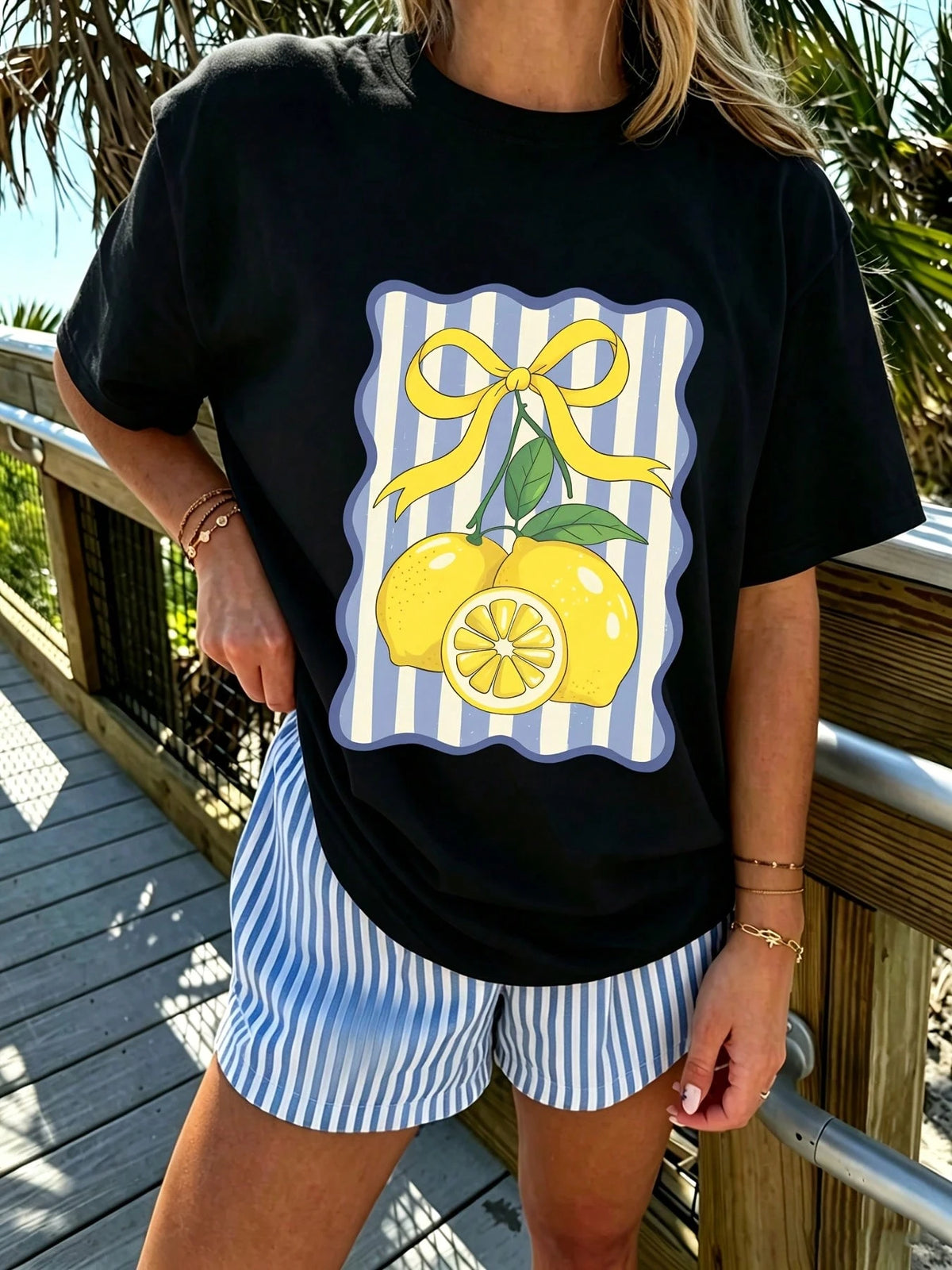 Blue Striped Lemon Bow Pattern Printed Women'S Summer Pure Cotton Round-Neck Casual Versatile Sports T-Shirt, Suitable For Beach Vacations, Daily Comm