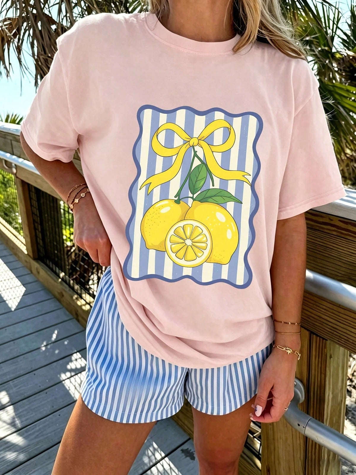 Blue Striped Lemon Bow Pattern Printed Women'S Summer Pure Cotton Round-Neck Casual Versatile Sports T-Shirt, Suitable For Beach Vacations, Daily Comm