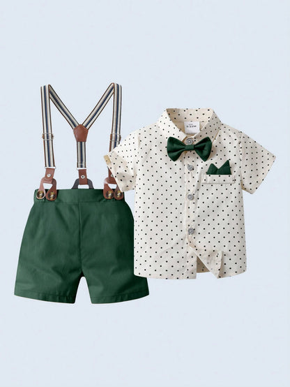 BOARNSEORL 2pcs Baby Boys Gentleman Outfit Set: Short Sleeve Collared Shirt With Bow Tie And Dark Green Suspender Shorts, Fashionable And Stylish For Birthday Party, Wedding, Banquet