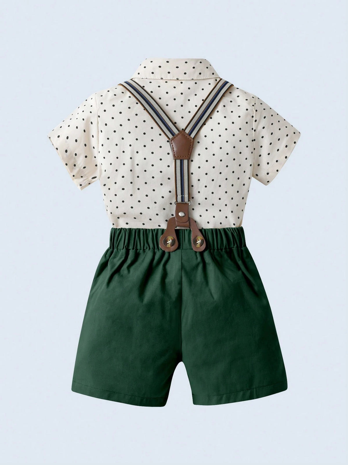 BOARNSEORL 2pcs Baby Boys Gentleman Outfit Set: Short Sleeve Collared Shirt With Bow Tie And Dark Green Suspender Shorts, Fashionable And Stylish For Birthday Party, Wedding, Banquet