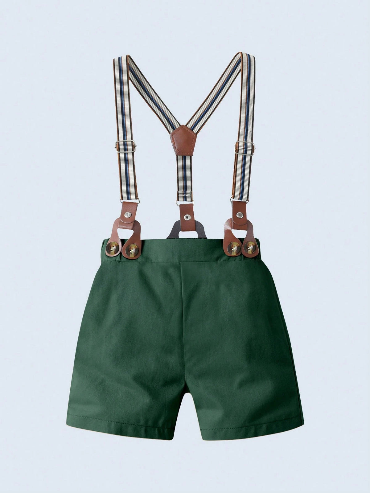 BOARNSEORL 2pcs Baby Boys Gentleman Outfit Set: Short Sleeve Collared Shirt With Bow Tie And Dark Green Suspender Shorts, Fashionable And Stylish For Birthday Party, Wedding, Banquet