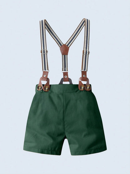 BOARNSEORL 2pcs Baby Boys Gentleman Outfit Set: Short Sleeve Collared Shirt With Bow Tie And Dark Green Suspender Shorts, Fashionable And Stylish For Birthday Party, Wedding, Banquet