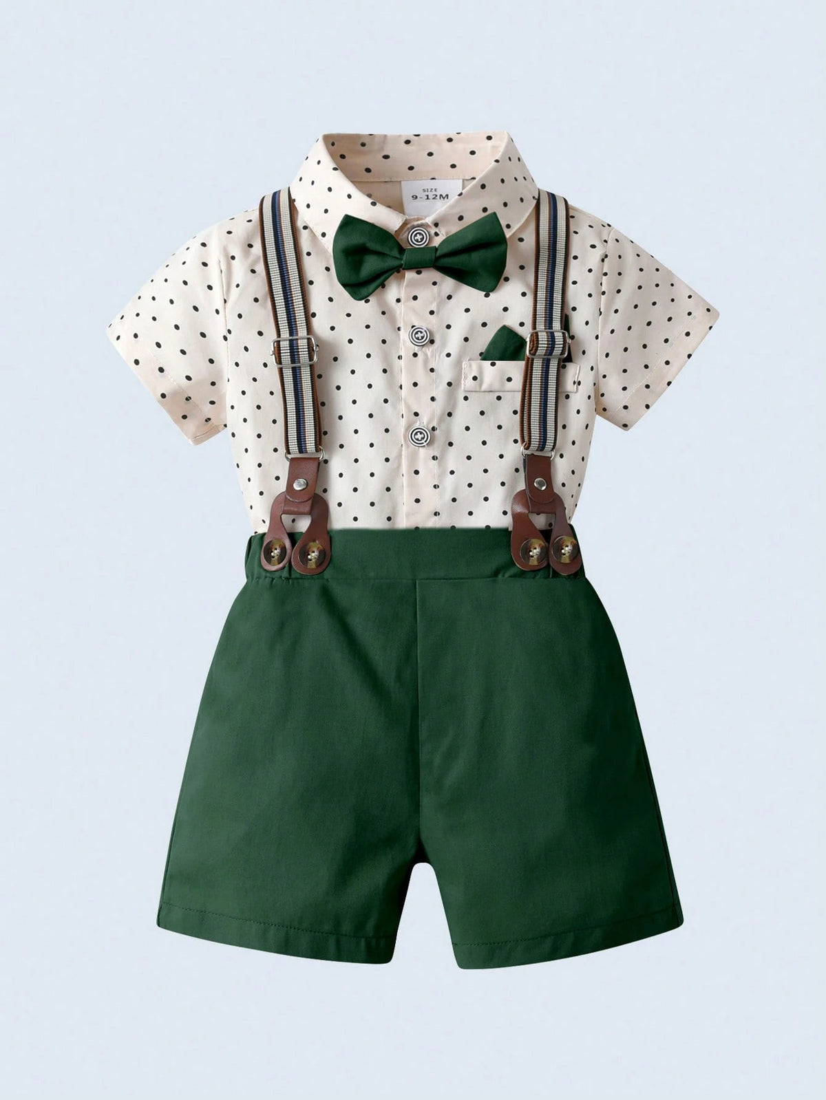 BOARNSEORL 2pcs Baby Boys Gentleman Outfit Set: Short Sleeve Collared Shirt With Bow Tie And Dark Green Suspender Shorts, Fashionable And Stylish For Birthday Party, Wedding, Banquet